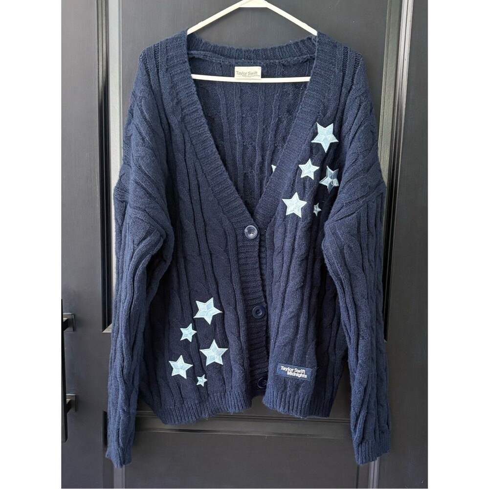 Taylor Swift Midnights Cardigan Blue Star Embroidered Cable Knit Sweater XL/2X